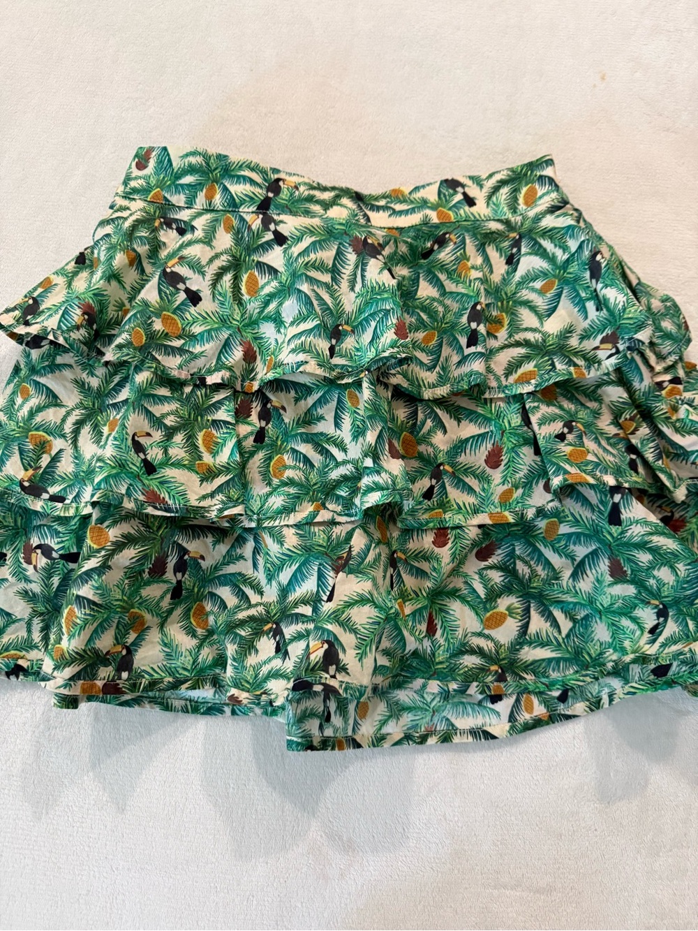 Farm Rio Toucan Layered Mini Skirt XS Green Tropical Tiered Ruffle Boho D74